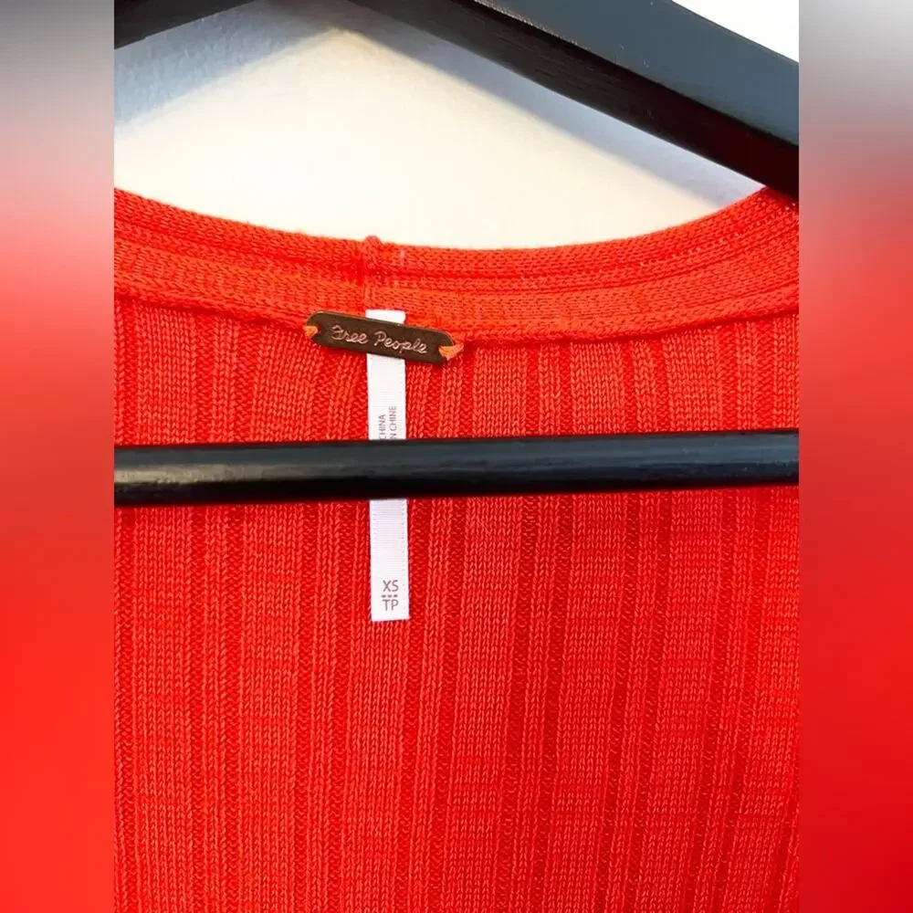 FREE PEOPLE red orange Ribbed Knit dress tunic V-neck Side Slit Sweater cotton